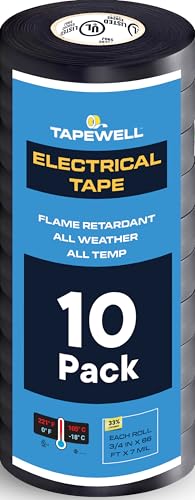 TAPEWELL Vinyl Electrical Tape Black, Professional Grade, 3/4 inch x 66ft, Pack of 10 - size: Pack of 10