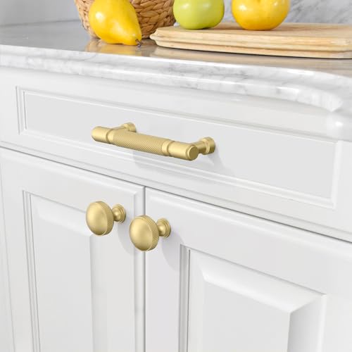 Amerdeco 10 Pack Brushed Gold knurled Cabinet Pulls 3.75" | Drawer Pulls Cabinet Hardware Kitchen Cabinet Handles for Bathroom ZH0072 - color: Brushed Gold, size: 3.75" hole center