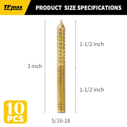 TPmax 10 Pack 5/16-18 x 3 Inch Hanger Bolts Double Headed Bolts Self-Tapping Screw Hanger Bolts for Furniture (5/16-18" x 3") - size: 5/16-18" x 3"