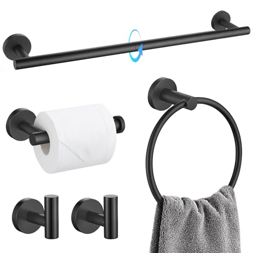 TQKAG Matte Black Bathroom Hardware Set 5 Pieces, SUS304 Stainless Steel Towel Bar Set Round Bathroom Towel Rack Set Wall Mounted - color: Matte Black, size: 5-Pieces Set