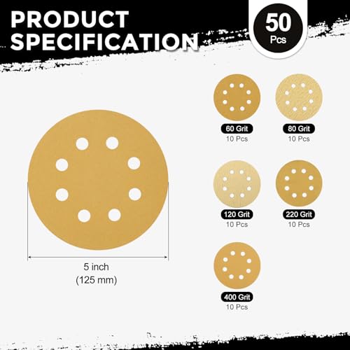 50Pcs Sanding Disc Kit 5In 60/80/120/220/400Grit 8 Hole - size: 60/80/120/220/400 Grit