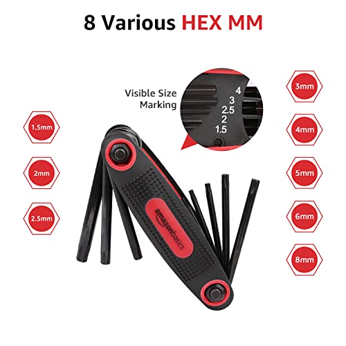 Amazon Basics Folding Hex Key Set, Metric, SAE, and Star Sizes, Chrome Vanadium Steel, 3-Pack