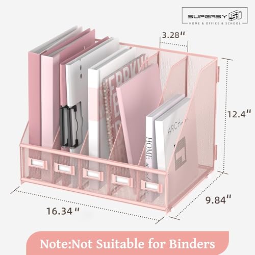 SUPEASY Desk Organizers Metal Desk Magazine File Holder with 5 Vertical Compartments Rack File Organizer for Office Desktop, Classroom, Home Workspace, Pink - color: Pink, size: Small