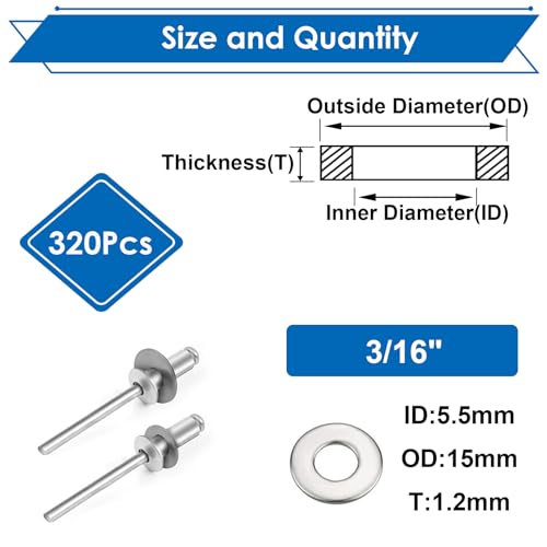 320PCS 3/16 Inch Silver Pop Rivet washers for Pop Rivets Diameter 3/16" 304 Stainless Steel pop Rivet Washer Aluminum pop Rivet washers Blind Rivet Washer - color: Silver, size: 3/16"