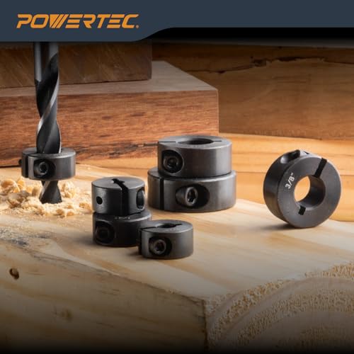 POWERTEC Drill Bit Stop Collar Set, 7 Piece Set Adjustable Drill Bit Depth Stopper with Allen Wrench, Bits Stop with Imperial System Size Markings - 1/8", 3/16", 1/4", 5/16", 3/8", 7/16", 1/2” (72294) - style: 7PC Imperial Drill Stop Set (1/8"-1/2")