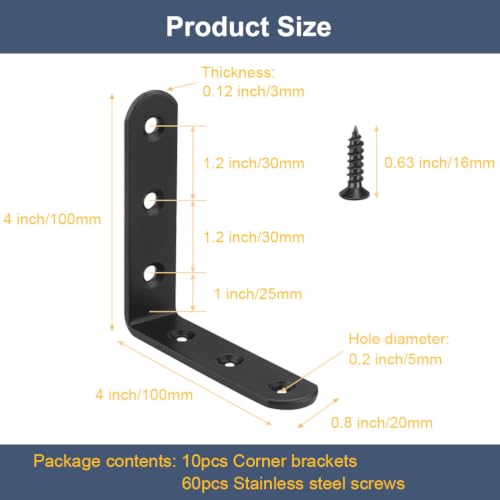 10 Pcs Black L Bracket 4 Inch Stainless Steel Corner Braces, 100x100mm Heavy Duty Shelf Bracket for Wood, Shelves, 90 Degree Support Joint Right Angle Brackets - size: 10PCS-Black 100*100mm/4*4in