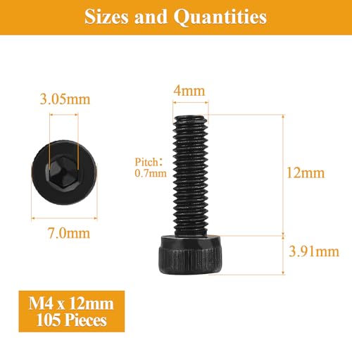 105 Pieces M4 x 12mm Socket Head Cap Screws, Thread Pitch 0.7mm, Sutemribor M4 Black Screws, 12.9 Grade Alloy Steel, Black Oxide Finish, Fully Threaded - size: M4 x 12mm, style: Socket Head