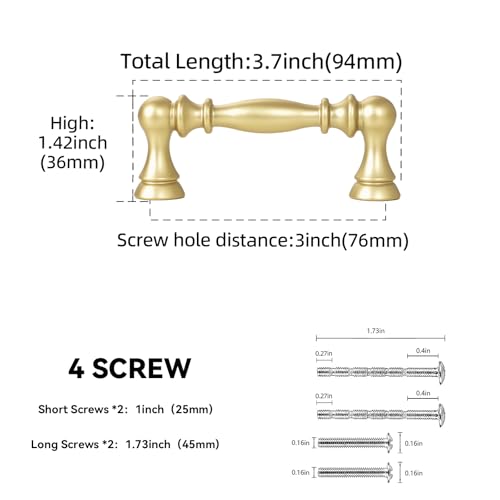 10 Pack 3 Inch(76mm) Kitchen Cabinet Handles Brushed Gold Cabinet Pulls Zinc Alloy Drawer Pulls Solid Kitchen Hardware - color: Brushed Gold, size: 3'' Hole Center(76mm)