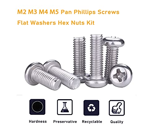 940pcs M2 M3 M4 M5 Hex Nuts Screws Bolts and Washers Assortment Kit, 304 Stainless Steel, Plain Finish, Full Thread - size: M2 M3 M4 M5 940pcs (Pan Head-304)
