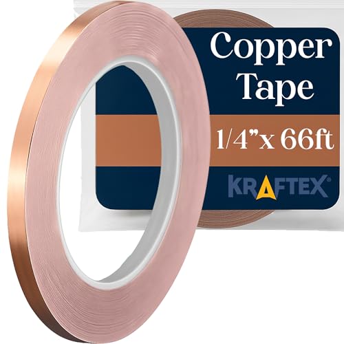Kraftex Copper Tape 1/4 inch x 66ft. Copper Foil Tape for Stained Glass Soldering with Conductive Adhesive. Great Shielding for Guitars, EMI Shielding, Jewlery Making and Crafts - size: 1/4" x 66ft