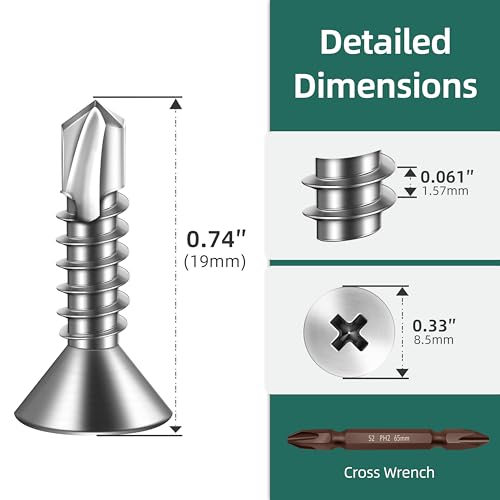 300pcs #10 x 3/4 Sheet Metal Self Tapping Screws Assortment Kit, 410 Stainless Steel Flat Head High-Strength Fast Self-Drilling Screws, Bright Finish - size: #10x3/4"