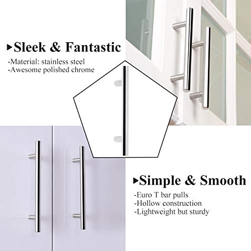Probrico 30 Pack|3.5 inch Drawer Pulls Stainless Steel, Modern Polished Chrome Cabinet Pull, Round T bar Handles Dresser Drawer knobs, Kitchen Cabinet Knobs Hardware, 6 inch Overall Length - color: Polished Chrome, size: hole center 3-1/2"