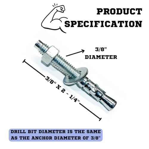MIGHTY FASTENERS Zinc-Plated Steel Wedge Anchors, 3/8" X 2-1/4" - Heavy-Duty Mounting Bolts for Concrete - 50 Pack - size: 3/8" X 2-1/4"