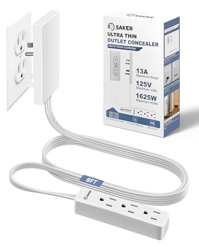 Saker Outlet Concealer Power Strip, 8ft Flat Cord, 3 Outlets, White - style: 8ft