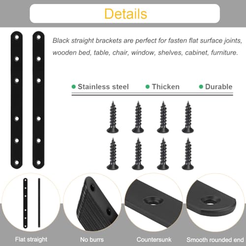 4 Pack Black Straight Brace Brackets 8 Inch Stainless Steel Flat Mending Plates, Heavy Duty Repair Fixing Joining Brackets for Wood with Screws