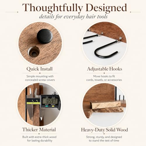 RoleDes Wooden Hair Dryer Holder Wall Mounted, Bathroom Hair Tool Organizer, Blow Dryer Holder Shelf, Curling Iron and Hair Styling Tools Organizer