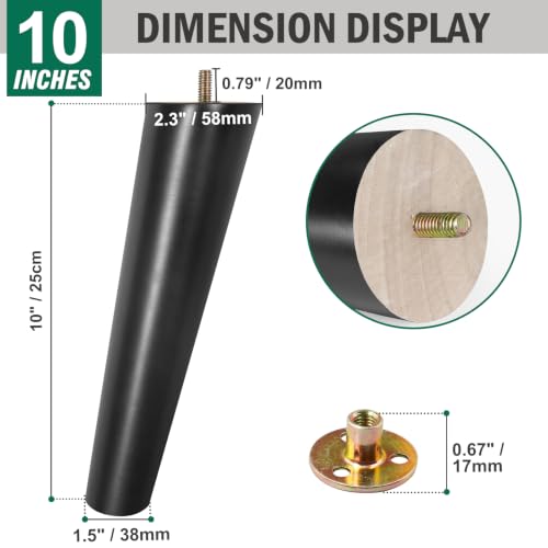 FoDau770 Rubber Wood Legs 10", Slant Taper, 5/16"-18 Thread, Black, 4pcs | Wood Couch legs - Mid Century Sofa Legs - Furniture legs Replacement for Cabinet Dresser Chair Ottoman - color: Black, size: 10 Inch - Slanted (80°)