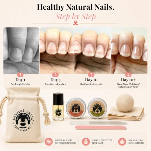 Natural Nail Kit | Nail Buffer and Shine Kit with Cuticle Oil, Nano Glass Nail File, Chamois Cloth, Wool Buffing Ball, Buffing Paste & Finishing Wax for Natural Nails | At Home Manicure - style: Complete kit