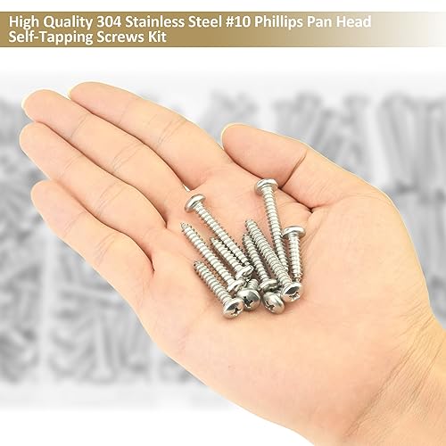 104 Pieces #10 x 1/2" 3/4" 1" 1-1/4" 1-1/2" Phillips Pan Head Self-Tapping Screws, Wood Screws Assortment Kit, 304 Stainless Steel - size: #10