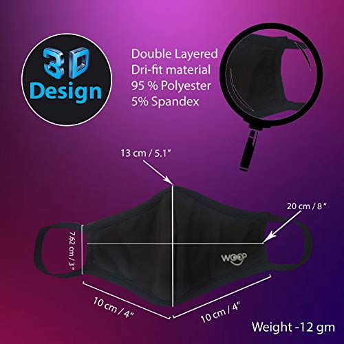 Woop Face Mask, Washable Reusable Black Face Masks For Health Protection n Skin Care Unisex Mouth Filter Facemask, Soft Dri-Fit Handmade in India, Nose to Chin Mud & Pollution Dust Cover - SET OF 7