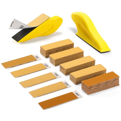 POLIWELL 100 Pcs Hand Sander Kit, 3.5” x 1” Mini Micro Sander for Small Projects, Detail Finger Sanding Block Tools, 80 120 180 240 400 Grit Wet Dry Sandpaper Sheets for DIY Crafts Wood Plastic - style: 100 Pcs
