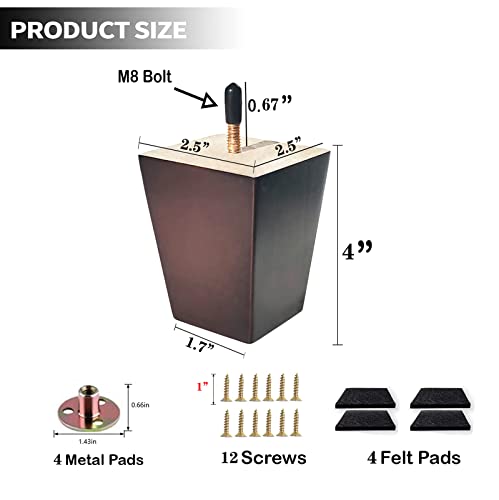 Sofa Legs Square Bed Feet 4 inch Wood Replacement Leg for Furniture Set of 4, Dark Brown… - color: 4sets, size: 4inch
