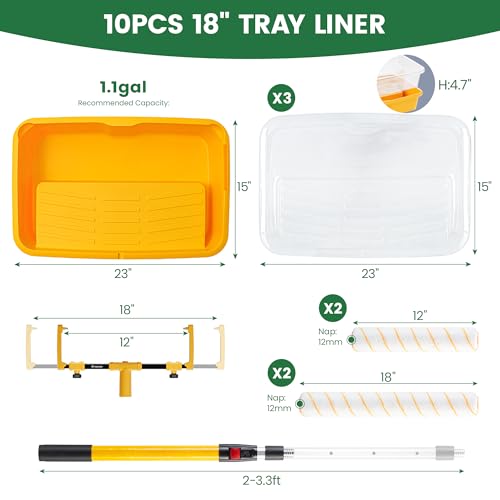 Voomey 18" Paint Roller Kit，10Pc Paint Roller Tray with Liner,12" 18" Microfiber Paint Roller,Paint Extension Pole，Suitable for DIY Interior Walls, Rooms - size: 18" Paint Roller Kit & Extension Pole