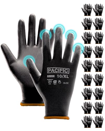 PACIFIC PPE PU Coated Grip Work Gloves, Touchscreen, Seamless Knit, XL - color: Black (18 Pairs), size: X-Large(Fits like L)
