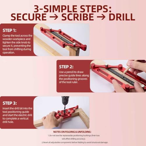 Center Finder Gauge with Interchangeable Rods，Self Centering Doweling Jig Woodworking Joinery Hole Drill Guide， Positioner Locator Tool ，Woodworking Marking