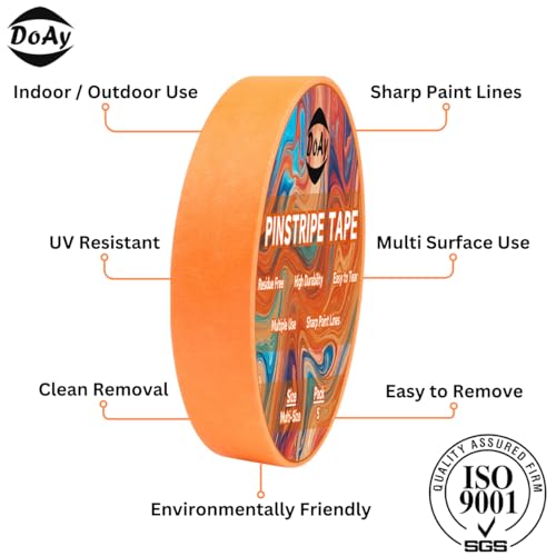 5 Rolls Pinstripe Tape - Masking Tape 1/16", 1/8", 1/4", 1/2", 3/4" - Thin Painters Masking Automotive Tape for DIY, Car, Auto, Paint, Art, Tumblers (Orange) - color: Orange