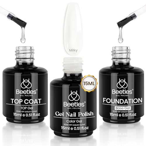 Beetles Milky White Gel Nail Polish No Wipe Gel Top Coat and Base Coat Set 3Pcs 15ml, Nude Jelly Color Long Lasting, Soak Off U V LED Nail Art Design for Women - color: E-Milky-3