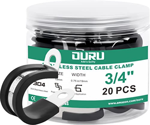 OURU 20pcs 3/4 Inch Stainless Steel Cable Clamps,Rubber Coated Cushioned Insulated Cable Clamp,Automotive Cable Wire Clamps,Pipe Clamps,Metal Clamp for Tube,Lines,Wire Cord Installation(Black,19mm) - size: 20pcs - 3/4"