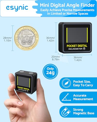 eSynic Mini Digital Level Gauge Waterproof–27g Pocket Angle Finder with Magnetic Base-0.05° Resolution &±0.2° Accuracy-Type-C Rechargeable for Woodworking/Construction/Automotive–Fits in Tight Spaces