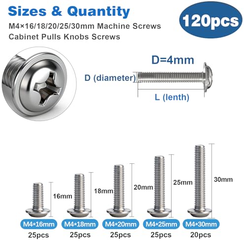 120PCS Assortment，Cabinet Pull and Knob Screws, M4×16/18/20/25/30mm, Machine Screws with Pan Washer Head, Metal Phillips Screws Kit for Drawer, Cupboard, Closet Handle Installation - size: M4×16/18/20/25/30mm