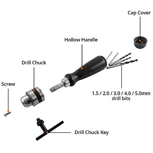 QWORK Pin Vise Hand Drill Bits, Micro Mini Twist Drill Bits Set, Ideal for Woodworking Precision DIY Model Jewelry Walnut Amber Beads Plastic with Chuck Key & Twist Drill Bits