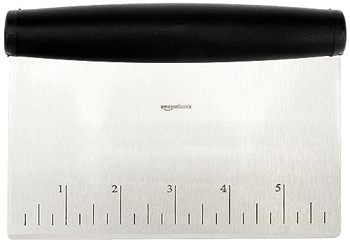 Amazon Basics Multi-Purpose Bench Scraper, Stainless Steel Dough Cutter with Measurement Marks, Dishwasher Safe, Non-slip Contoured Grip, 6", Black, Silver