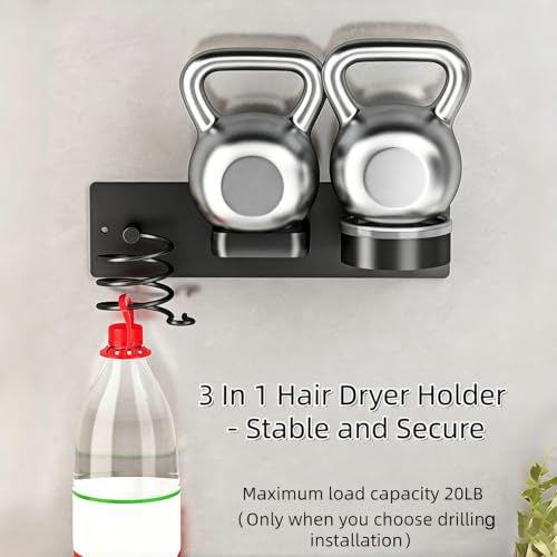 3-in-1 Aluminum Hair Dryer Holder, Matte Black Styling Tools Rack | No Drill Heat Resistant Wall Hair Tool Stand for Blow Dryer, Flat Iron & Curling Iron, Bathroom Rental Homes, No Wall Damage - size: B