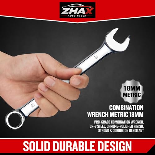 zhax 18mm Metric Combination Wrench, 12 Point Box End, 15 Degree Offset Design, Mirror Polish Finish, Forged CR-V Steel, Hand Tools for Mechanics, Ideal for Auto and Home Repair - size: 18mm