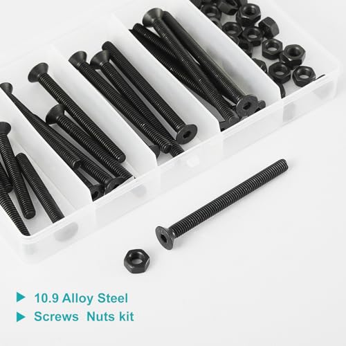 50Pcs M6 x 50mm 60mm 70mm 80mm, Flat Head Hex Socket Cap Screws Countersunk Bolts Nuts Kit, 10.9 Grade Alloy Steel, Black Oxide Finish, Metric Allen Drive, Fully Threaded - size: M6x50/60/70/80mm