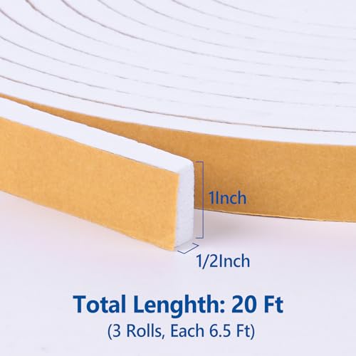Kikerike Self Adhesive Foam Tape Weatherstrip 1in x 1/2in x 20Ft High Density Foam Insulation Strips Seal Weather Stripping with Strong Adhesive for Door and Window Sound Isolation Soundproofing - size: 1in x 1/2in x 20Ft