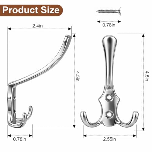 8 Pack Large Coat Hooks, Heavy Duty Three Prong Silver Metal Wall Hooks - color: Silver, size: 8PCS