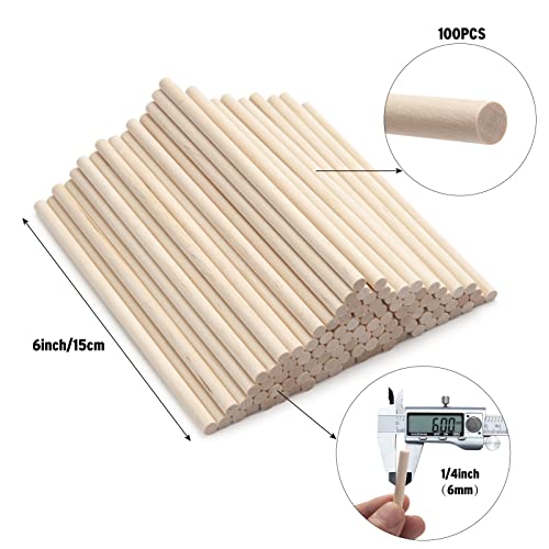 Wood Dowels Wooden Dowel Rods, 100PCS 1/4 x 6 Round Wooden Sticks for Arts and Crafts, Small Unfinished Hardwood Sticks for DIYers Crafting, Cake Support, Lollipop, Photo Booth Props, Home Decor - size: 1/4"×6"-100PCS