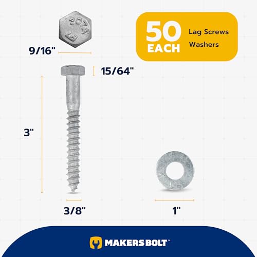 3/8 x 3 (50 Pack) Lag Screw Kit, 50 Screws and 50 washers, Hot Dip Galvanized, Meets ASME B18.2.1 Industrial/Commercial Grade by Makers Bolt - size: 3/8 x 3