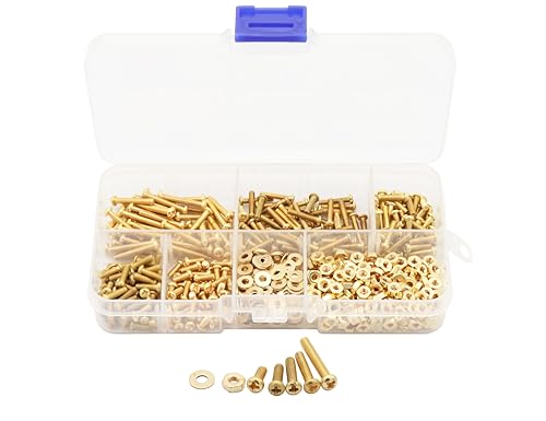 LBY 600pcs Machine Screws Assortment Kit, M2.5 Phillips Pan Head Bolts, 5 Sizes (with Nuts and Flat Washers), Copper (Yellow) - size: M2.5