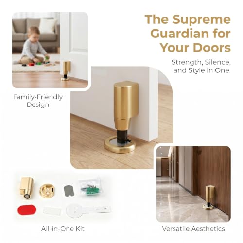 2 Pcs Magnetic Door Stopper for Bottom of Door,Adjustable Door Holder | No Drilling Adhesive Magnetic Door Stop, Keep Door Open, Windproof Door Catch for Home, Pet and Renters, Brushed Gold