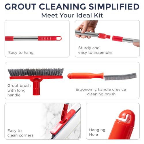 Foxtrot Living Grout Brush with Long Handle and Crevice Cleaning Brush Set - color: Crimson