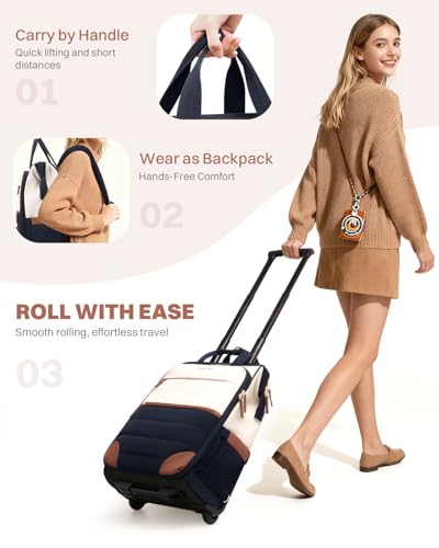 Rolling Puffer Backpack for Women, Travel Backpack with Wheels, 16 Inch Wheeled Laptop Backpck, Dual-Opening Design Overnight College Underseat Carry on Luggage, Roller Business Work Bag, Navy Blue - color: Navy Blue