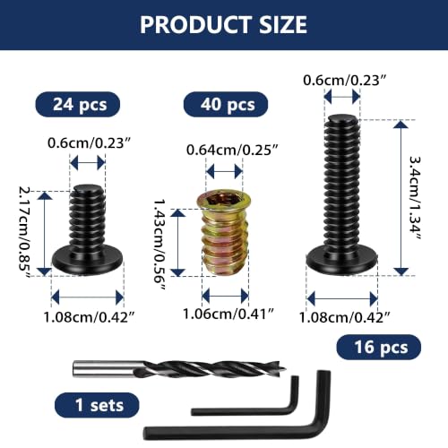 Wood Screw Inserts Kit 40 Sets 1/4"-20 – Furniture Hardware with 3/4" & 1-1/4" Hex Bolts, Pilot Drill Bit, 2 Wrenches for Furniture Assembly, Stripped Hole Repair - size: 40 PCS