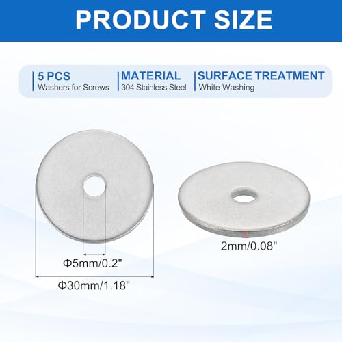 MECCANIXITY 5 Pcs M5 Stainless Steel Flat Washers Round Assortment Parts Spacers Assorted for Screws, Bolts, Plumbing, Automotive, Electrical 5mm ID 30mm OD 2mm Thick - size: M5, 5mm ID 30mm OD 2mm Thick