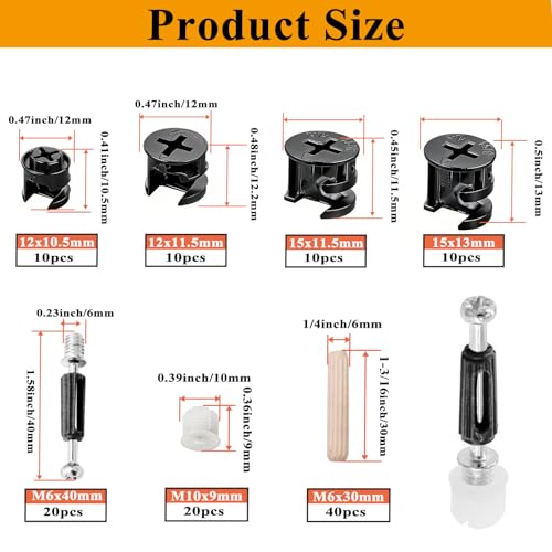 120PCS Cam Locks for Furniture3-in-1 Eccentric Hardware Wheels,Furniture Fasteners&Connectors with Multi-Size Nuts,Bolts and Wood Dowel Pins,Kit for Furniture Assembly/Repair(Black) - size: 120PCS-Black